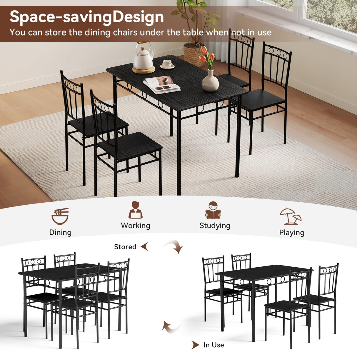 Vipbear Kitchen Dining Table Set for 4, 5-Piece Kitchen Table Set,Dining Room Table Sets,Rectangular Kitchen Table Set with 4 Chairs for Small Space, Dinette,Apartment,Rustic Black Vipbear