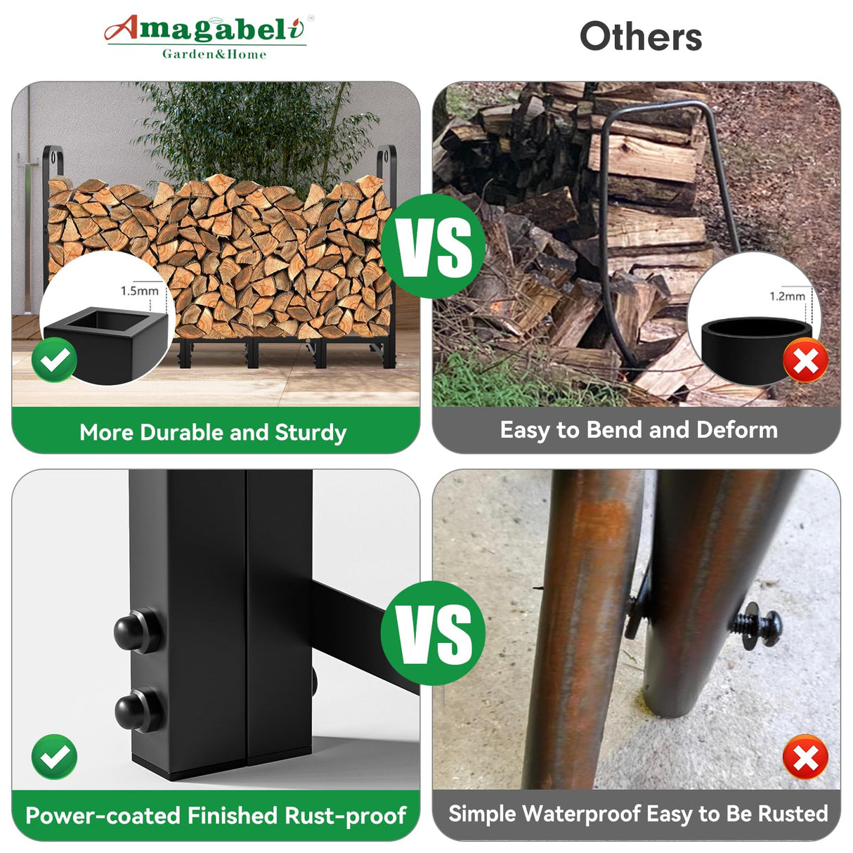 AMAGABELI GARDEN & HOME 6ft Firewood Log Rack Outdoor Log Holder for Fireplace Heavy Duty Wood Stacker Pit for Patio Logs Storage Steel Tubular Wood Pile Rack Tool Accessories Black AMAGABELI GARDEN & HOME