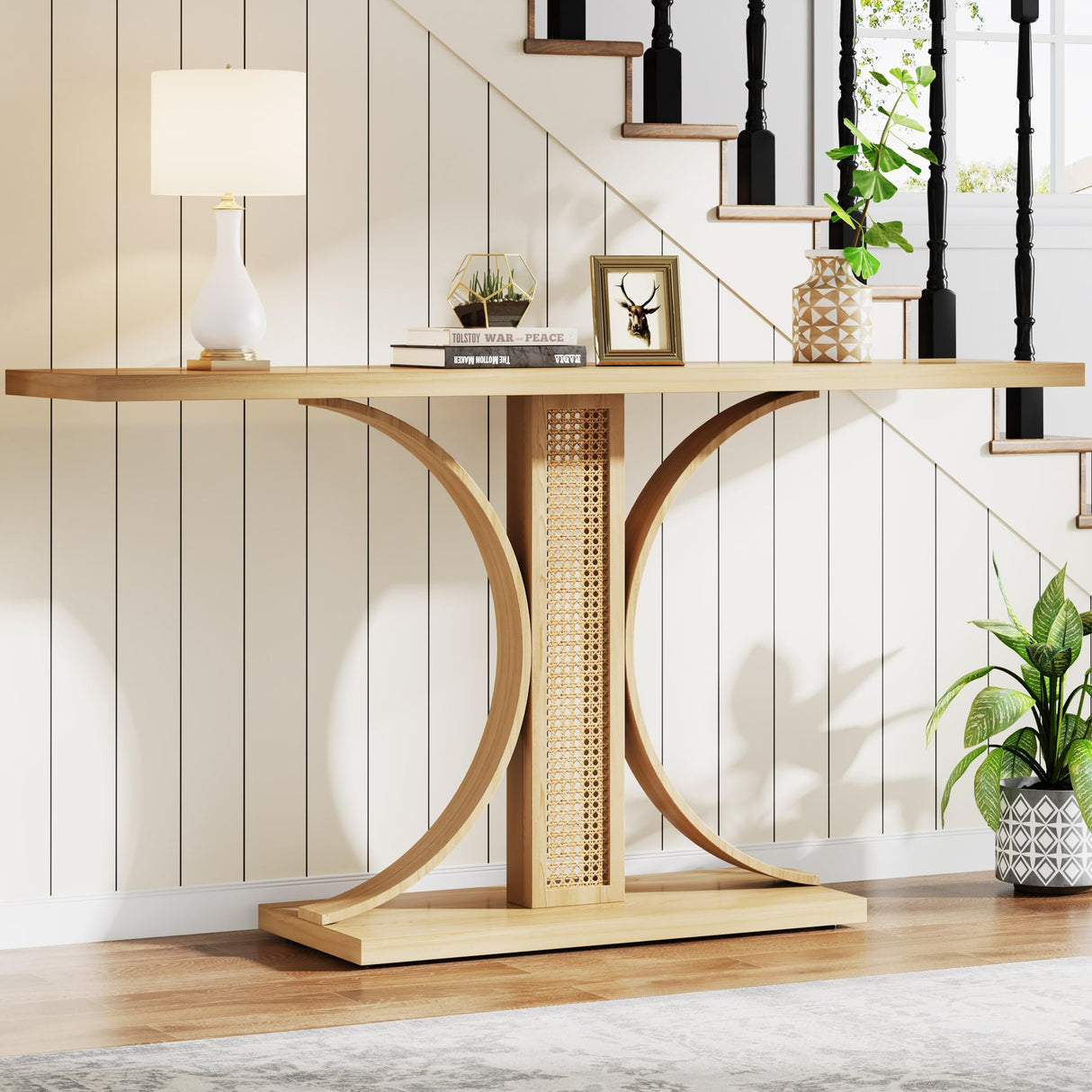 Tribesigns 55 Inches Rattan Console Table, Farmhouse Hallway Table, Wooden Entryway Table, Narrow Long Sofa Table Hallway Foyer Table Behind Couch Table for Living Room, Hallway, Foyer Tribesigns