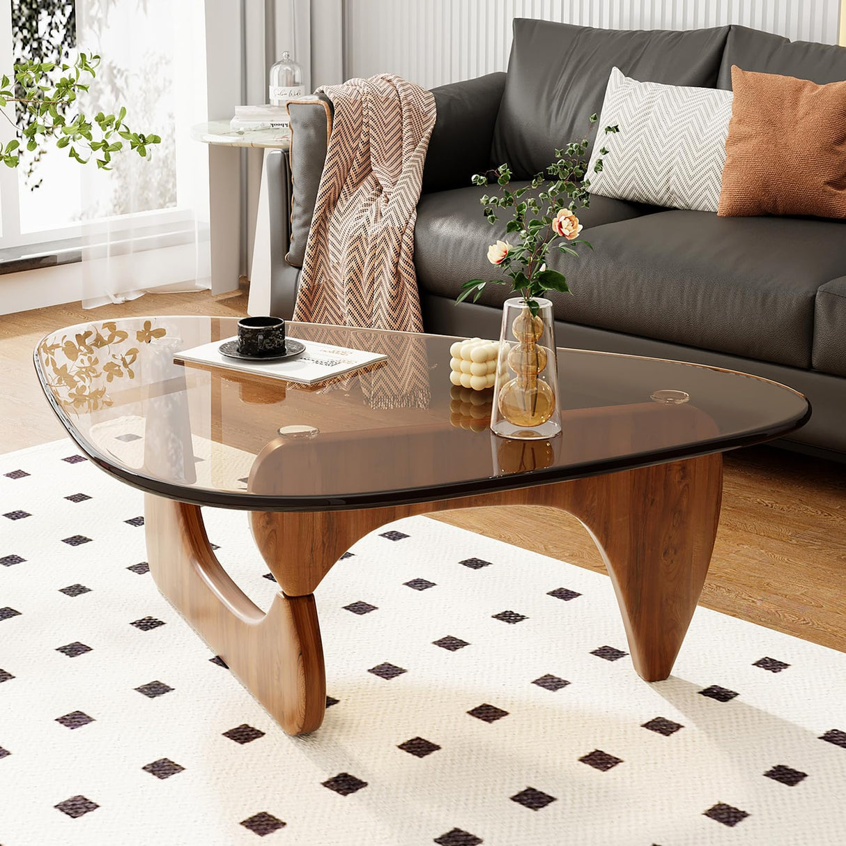 CAJCA Coffee Table for Living Room Mid Century Modern Center Table with Glass Top and Wood, Brown/Walnut