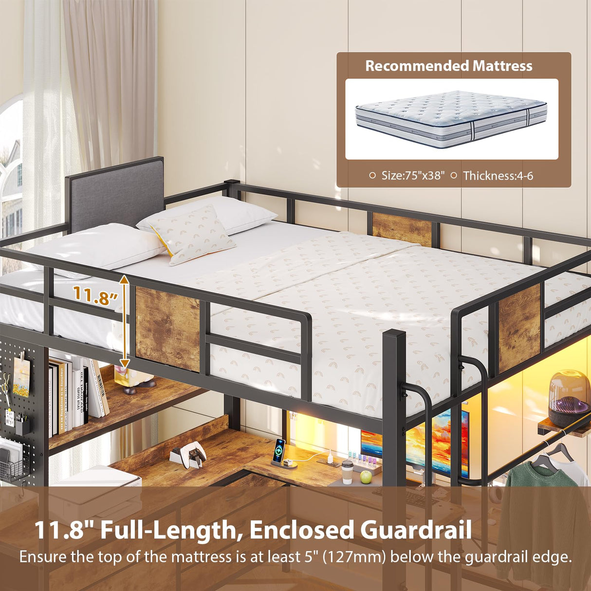 Dnxao Loft Bed with L-Shaped Desk Full Size,Full Size Bed Frame with 5 Storage Drawers, Bunk Bed with Desk,1 Bedside Organizer,LED Lights & Charging Station,Safety Guardrail,Noise Free,Rustic Brown Dnxao