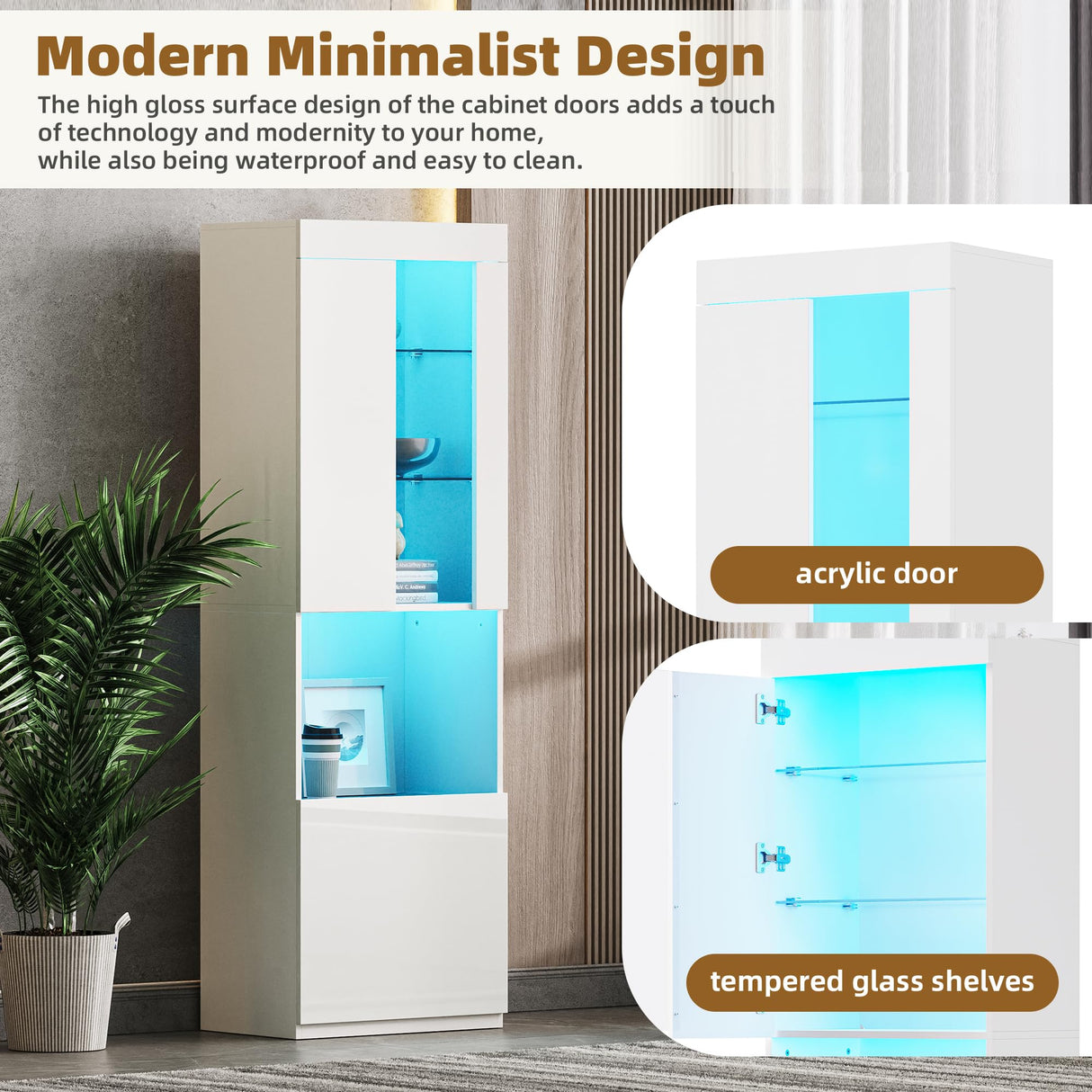 Ball & Cast High Gloss Storage Cabinet with LED Lights,67" Tall Pantry Cabinet W/Acrylic Door,Modern Bookcase & Display Cabinet W/Open Countertop & Tempered Glass Shelves for Living Room,White Ball & Cast