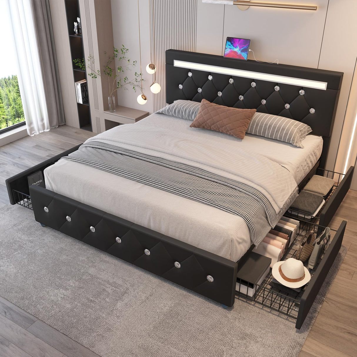Benevika Queen Size Bed Frame with 4 Storage Drawers, Adjustable LED Headboard and USB Charging Station in Black PU Leather Benevika