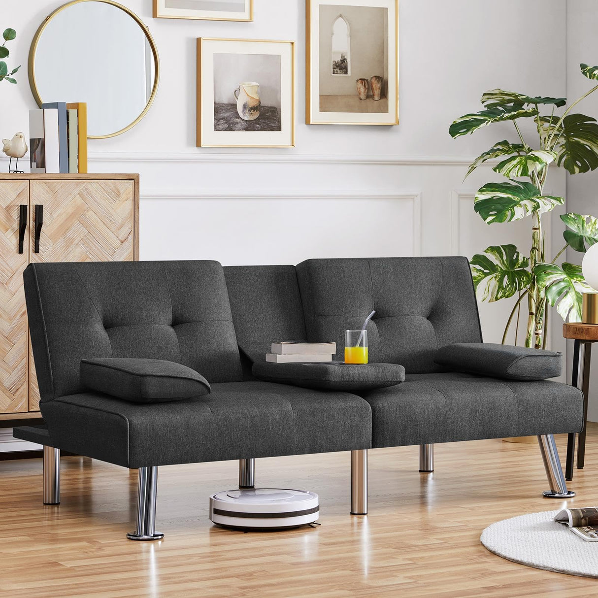 Yaheetech Convertible Sofa Bed Adjustable Fabric Couch Sleeper Modern Recliner Reversible Loveseat Folding Daybed Guest Bed, Removable Armrests, Cup Holders, 3 Angles, 772lb Capacity, Dark Gray Yaheetech