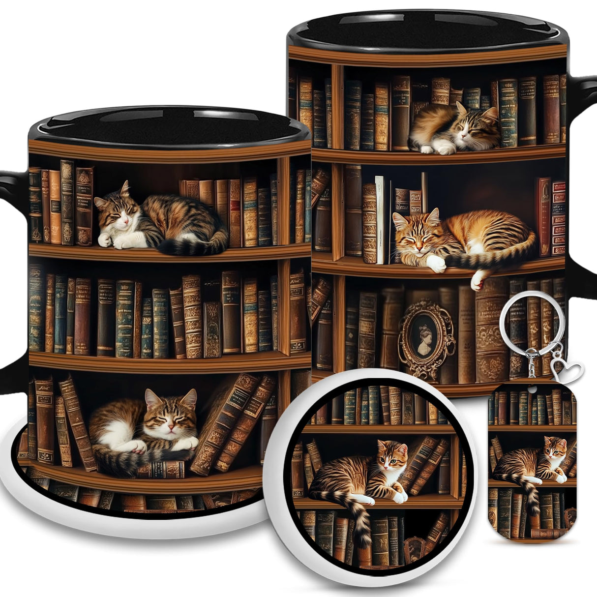 YIDAJI Bookshelf Gift - Cat Bookshelf Mug - Gifts For Women - Unique Gift For Book Lover, Reader, Librarian, Writer - Birthday Gift Idea For Cat Lover, Owner Cat - Book Mug, Coaster, Keychain YIDAJI