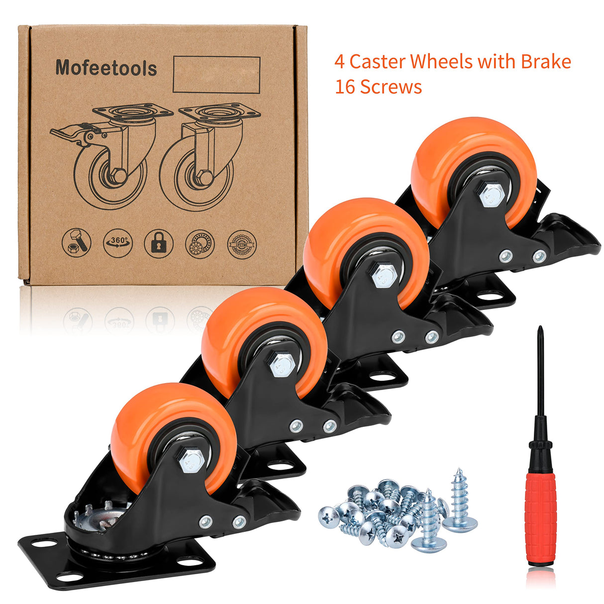 2" Caster Wheels Load 600 Lbs, Orange Polyurethane Castors, Top Plate Swivel Wheels, Casters Set of 4, Locking Casters for Furniture and Workbench, Heavy Duty Casters, 4 Pack Casters with Brake Mofeetools