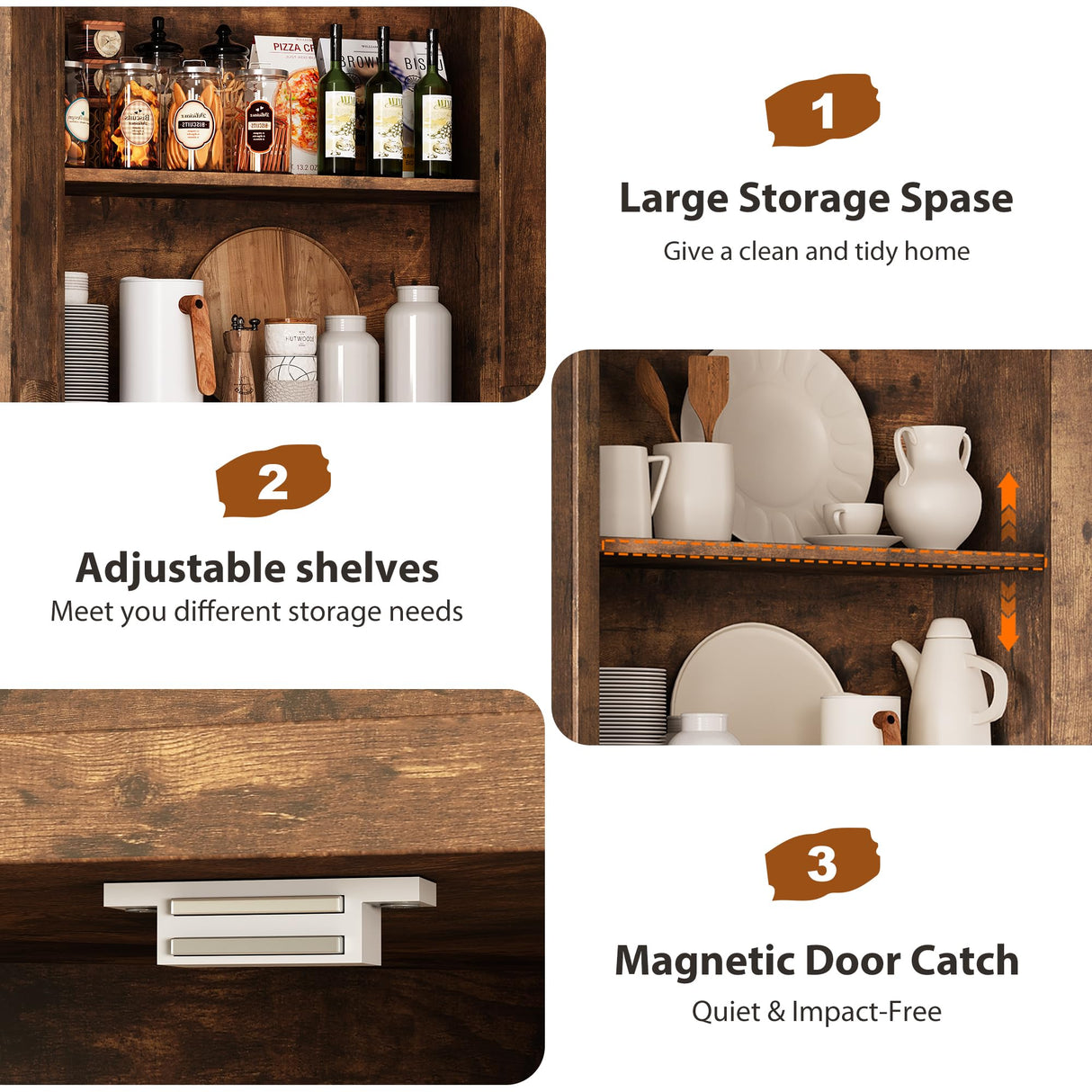 Jocoevol Pantry Cabinet, 68'' Kitchen Pantry Storage Cabinet with 4 Doors and Adjustable Shelves, Farmhouse Tall Food Large Wood Pantry Storage Furniture for Kitchen Dining Room, Brown Jocoevol