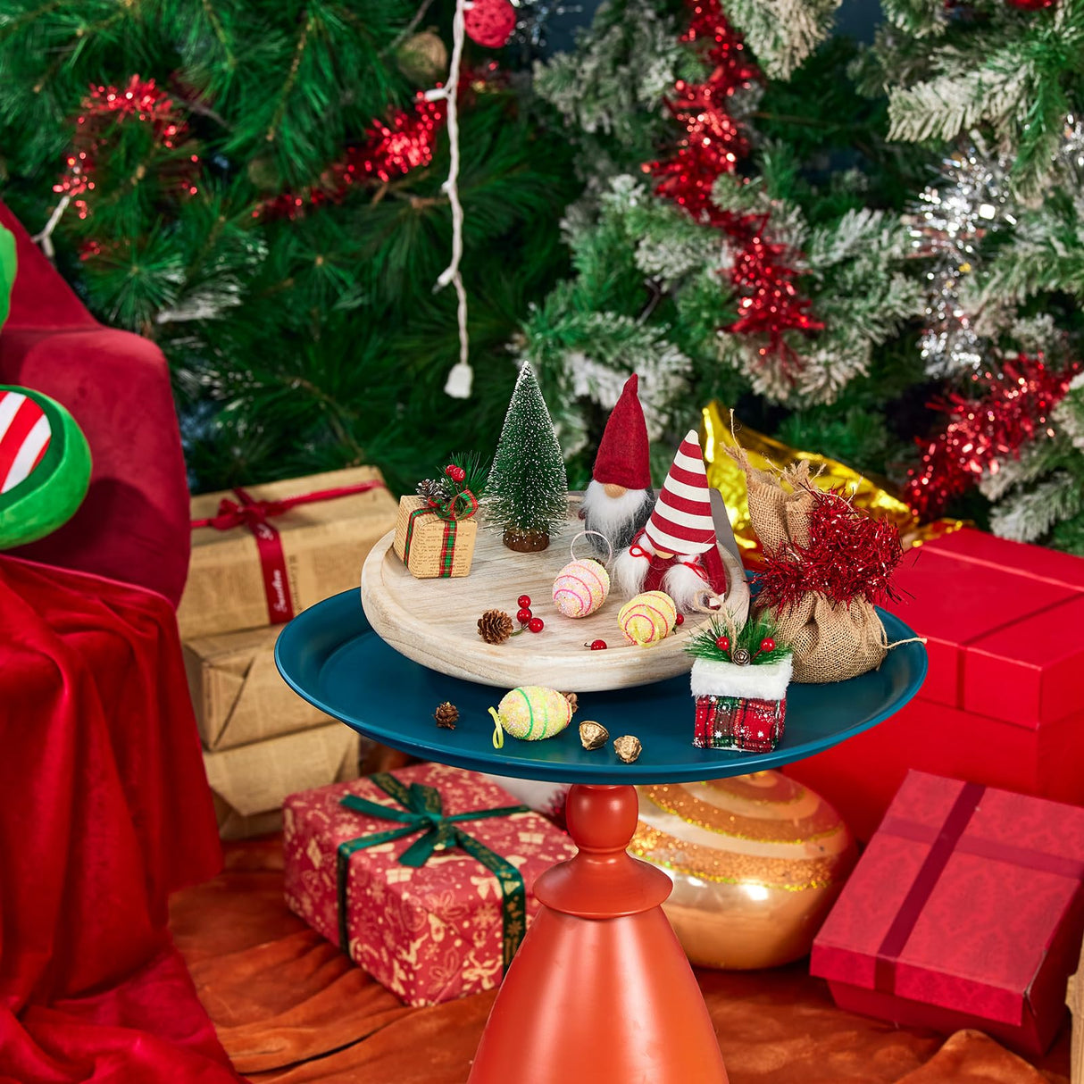 Yangbaga 11.8In Wooden Decorative Serving Tray Coffee Table Tray, Rustic Round-Ottoman Centerpiece Candle Holder Trays,Whitewashed Tray Decor for Farmhouse Kitchen Decor&Table Decor&Dining Room Table Yangbaga