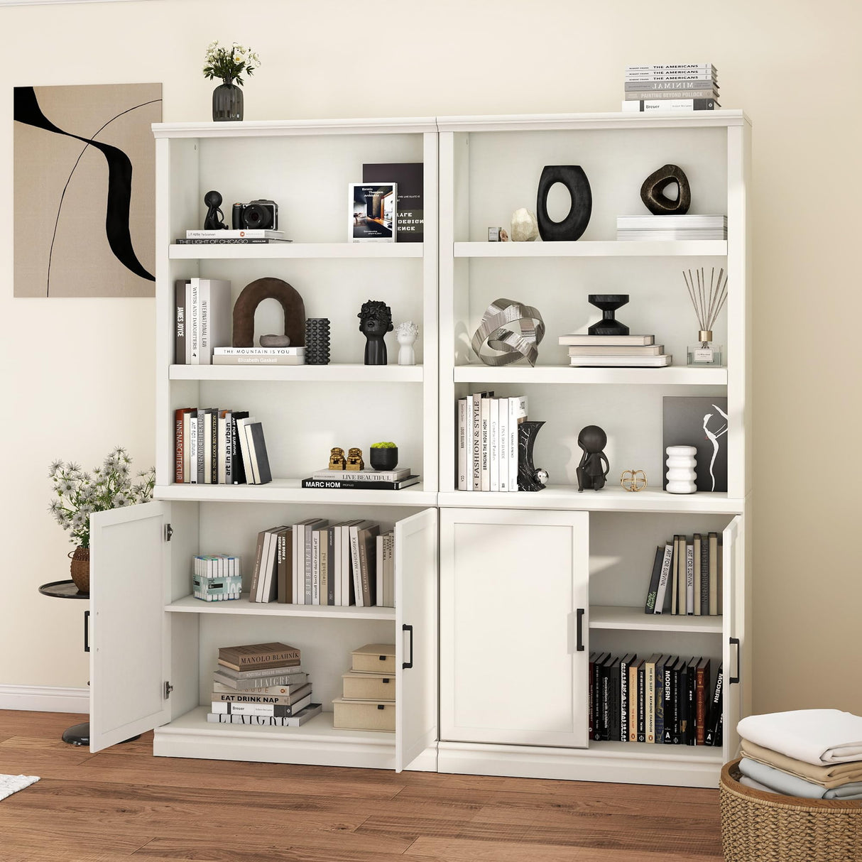 blini 5 Shelf Tall Bookcase with Doors White Bookshelf 31in Wide Display Standing Storage Shelf 72in Tall Wood Book Shelves for Bedroom Living Room Office Library blini