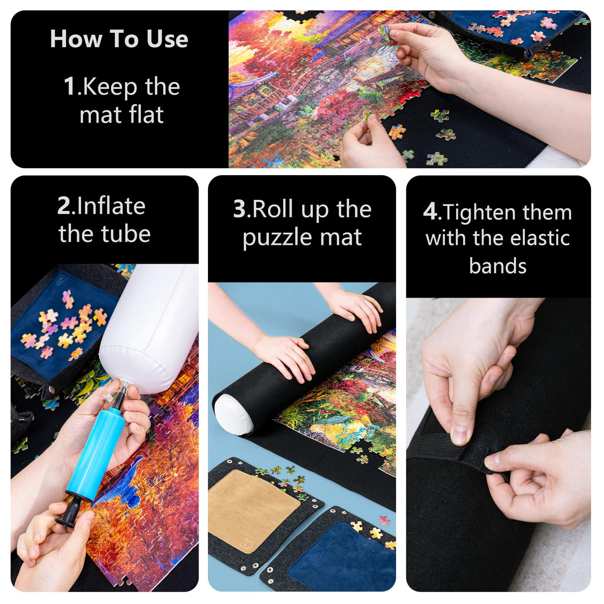 Sancallie Puzzle Mat Roll Jigsaw Storage Felt Mat, Jigroll Up to 1,500 Pieces with 4 Puzzle Trays, Material for Jigsaw Puzzle Player, Box with Drawstring Storage Bag Sancallie