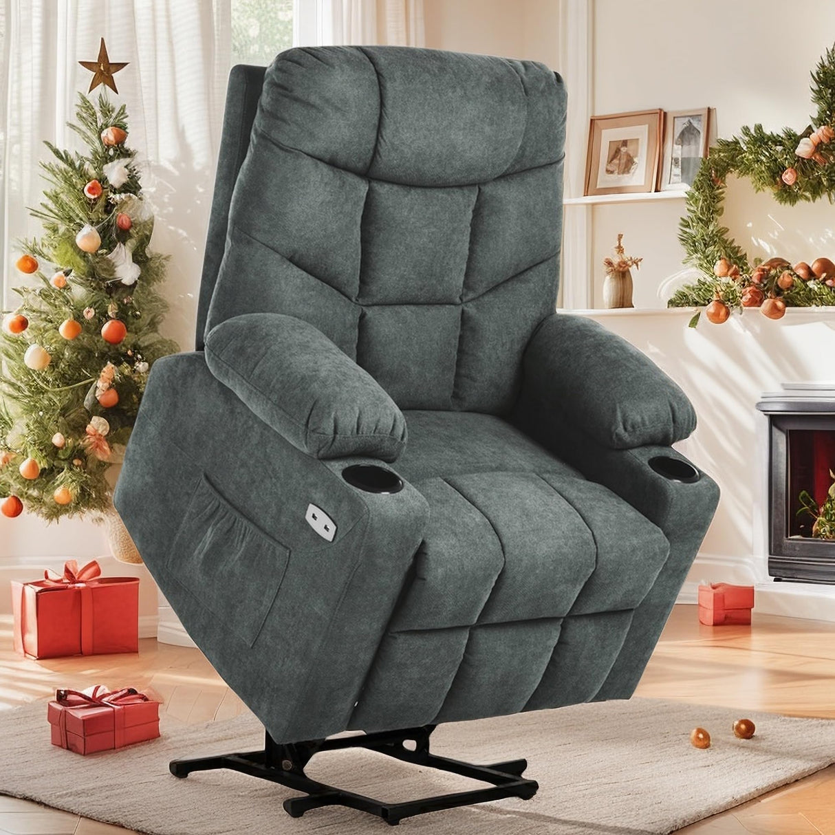 YITAHOME Power Lift Recliner Chair, Modern Fabric Recliner Chair with Massage and Heat, Spacious Seat, USB Ports, Cup Holders, Remote Control, Suitable for Living Room Dark Grey2 YITAHOME