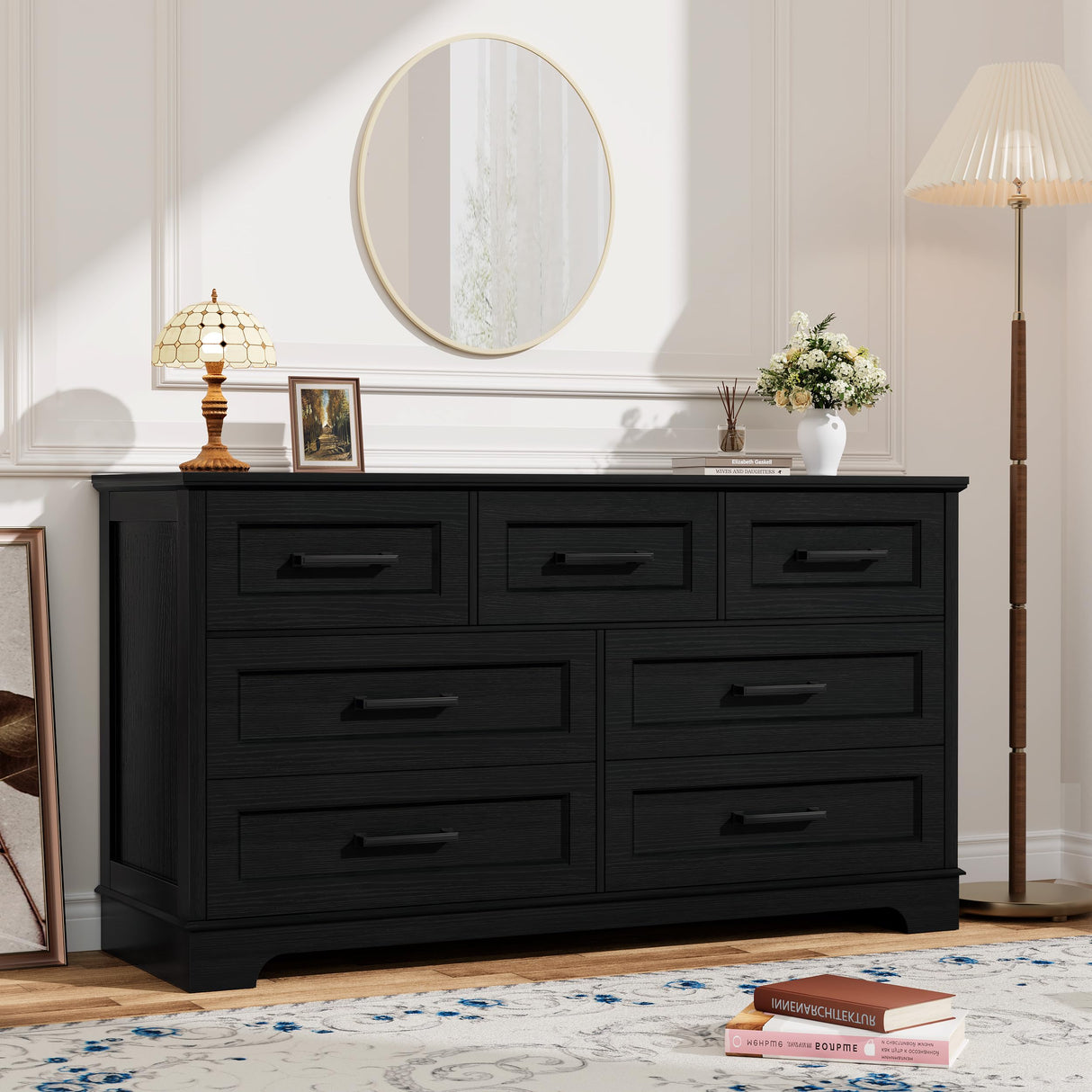 YESHOMY Dresser for Bedroom, Farmhouse 7 Drawers Dresser, Chest of Drawer Chest, Multi-Tier Clothing Storage Cabinet, Black