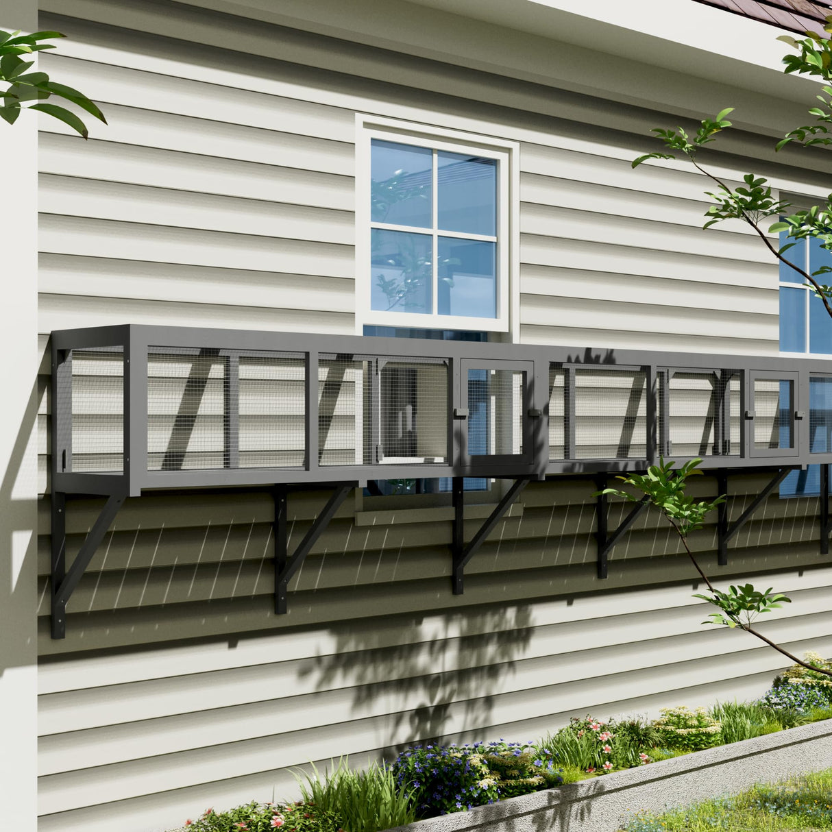 QUYZE 59" Wooden Cat Window with Extendable Design Connecting Inside and Outside Catio Outdoor Cat Enclosure for Sunbathing, Napping & Overlooking (Grey) QUYZE