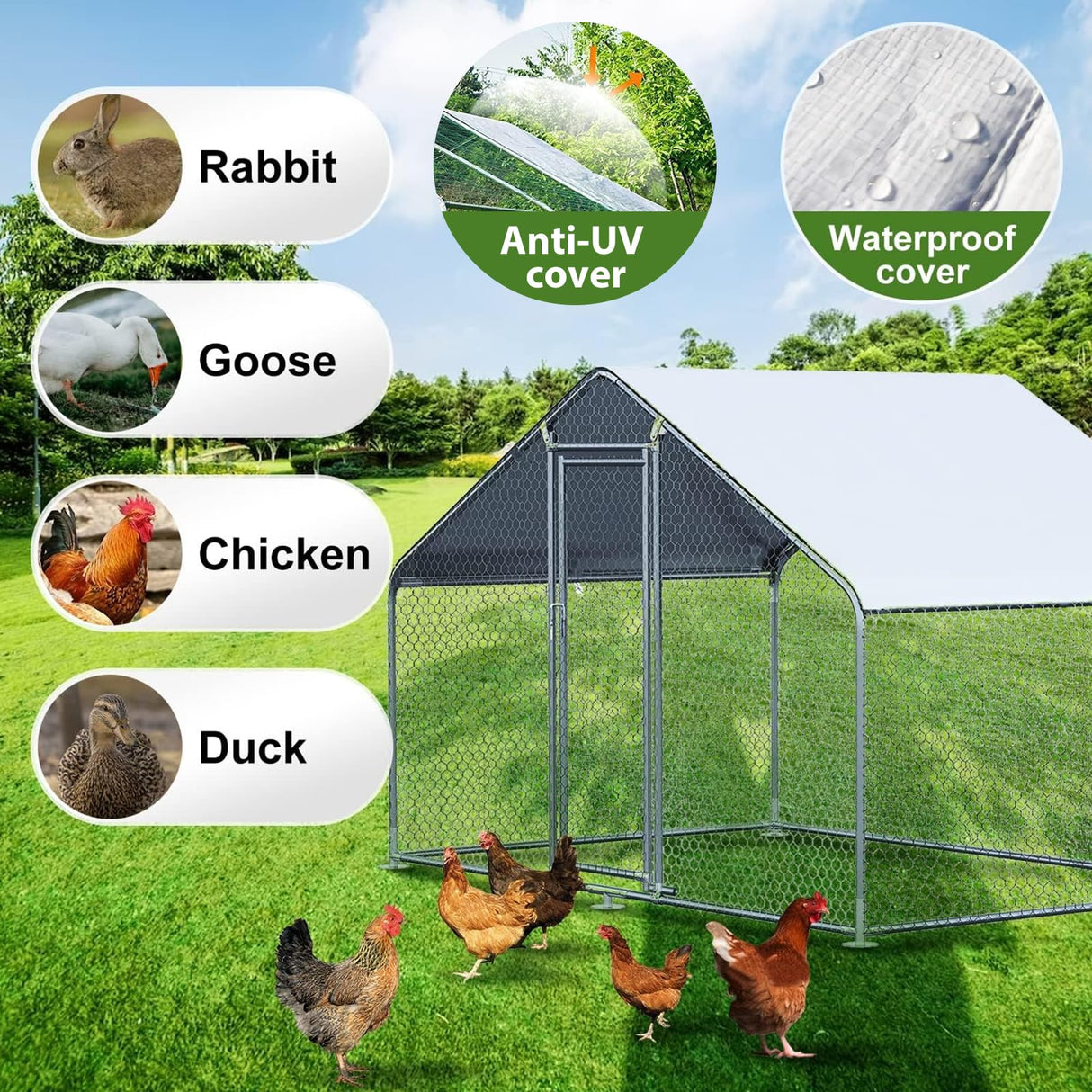 MODCART Large Metal Chicken Coop Chicken Run, Chicken Pen with Water-Resident and Anti-UV Cover, Duck Rabbit House Outdoor (9.8’ W x 6.6’ L x 6.4’ H) MODCART