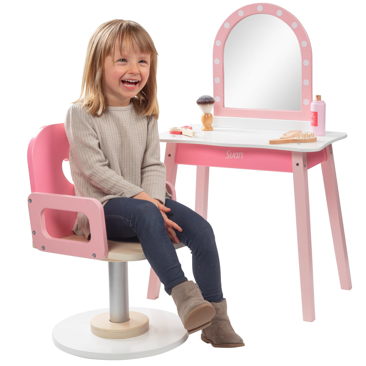 Pretend Hair Salon Wooden Play Set - Full Vanity Mirror Playset w Chair & Rolling Cart- Includes Blow Dryer, Brush, Styling, Cutting Tools & More - Hair Dresser Stylist Fun, Beauty Care for Girls Kids Svan