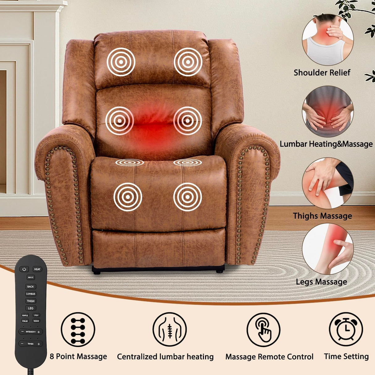 EONIX Classical Large Power Lift Recliner Chair for Elderly with Heat and Massage, Dual Motor Lay Flat Electric Lift Chair Recliner for Adults, Living Room, Bedroom, SLRY005061, Nut Brown EONIX