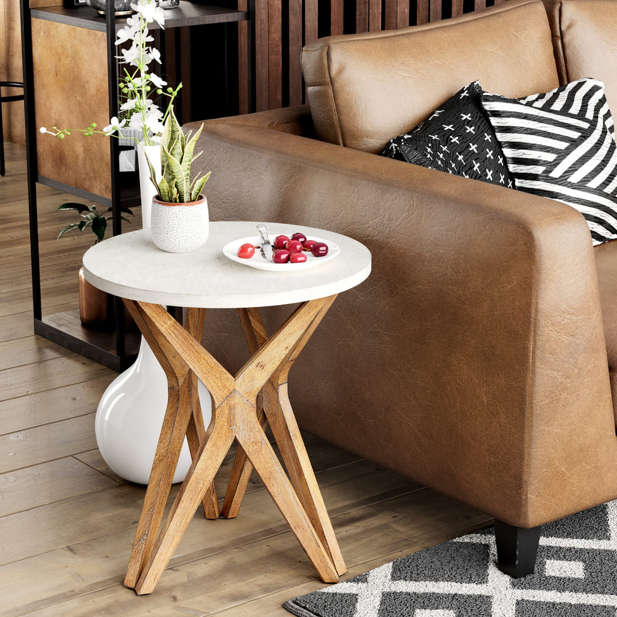 COZAYH Pedestal Farmhouse End Table Set of 2, Distressed White Top with Tripod Base for Modern Farmhouse, Boho Decor, Round COZAYH