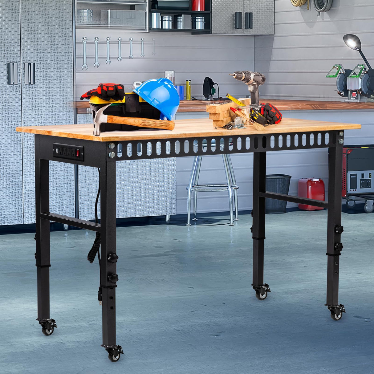 GVGBUK 48" Height Adjustable Workbench, 2000 LBS Load Capacity Rubber Wood Top Workstation, Heavy-Duty Hardwood Worktable for Garage Workshop (with Wheels and socket,48'') GVGBUK