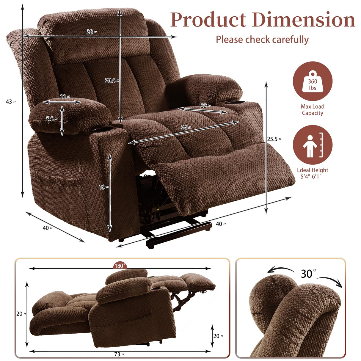 Neioml Four Motor Zero-Gravity Large-Wide Power Lift Chairs Recliners for Elderly, Infinite Position, 180° Lay Flat Lift Chair Big and Tall, Heat & Massage (Plush Flannel, Dark Brown) Neioml