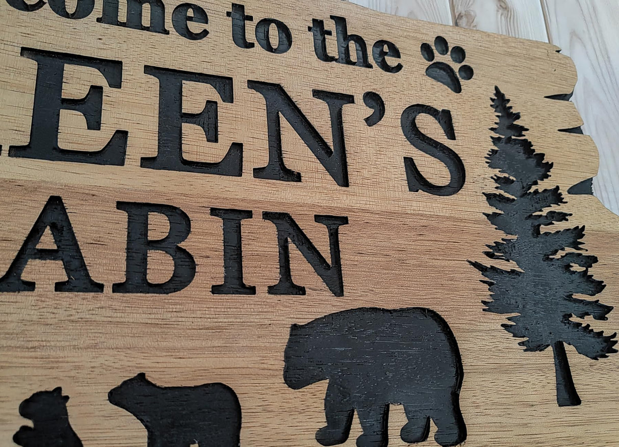 Custom Cabin Sign Custom Wood Sign, Personalized Bear Family In Woods Cabin Signs, Welcome Sign, Large Outdoor Wooden Last Name Sign, Lake House Generic
