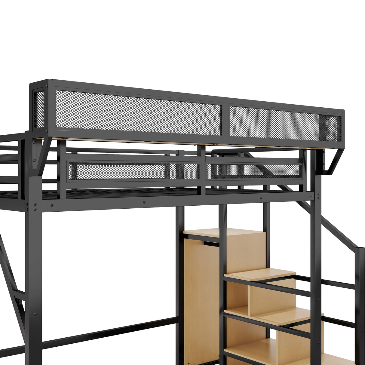 KEIKI Full Size Metal Loft Bed Frame with Convertible Staircase, Built-in Storage Shelves & Wardrobe, Loft Bed with Solid Slats & Guardrail, No Box Spring Required, Easy Assembly, for Bedroom, Black KEIKI