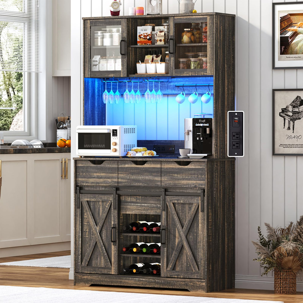 72" Coffee Bar Cabinet w/Power Outlet,LED Lights,Farmhouse Large Kitchen Hutch w/Sliding Barn Door,Tall Bar Cabinets w/4 Drawers & Wine Glass Rack,Pantry China Cabinet for Home,Dark Rustic Oak chartustriable