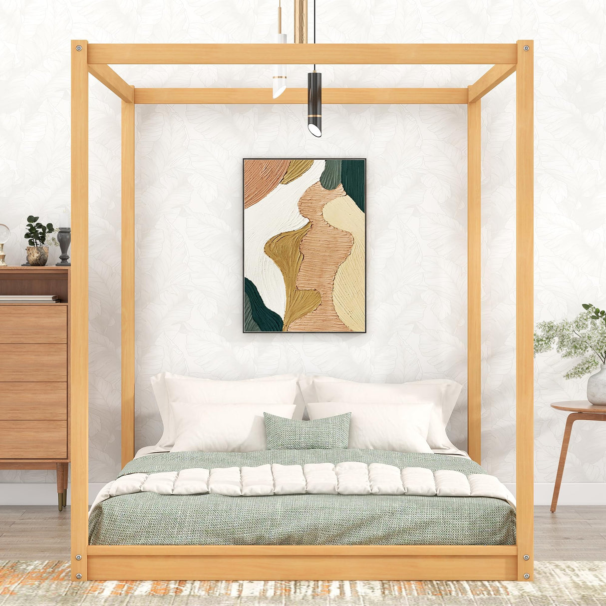 Queen Size Canopy Bed Frame, Wood Floor Canopy Bed Frame, Four Poster Canopy Platform Bed with Wooden Slats Support for Adults, Solid Wood 4-Poster Bed, Wood Floor Bed Frame with 4 Posters, Natural MaiDeHaoo