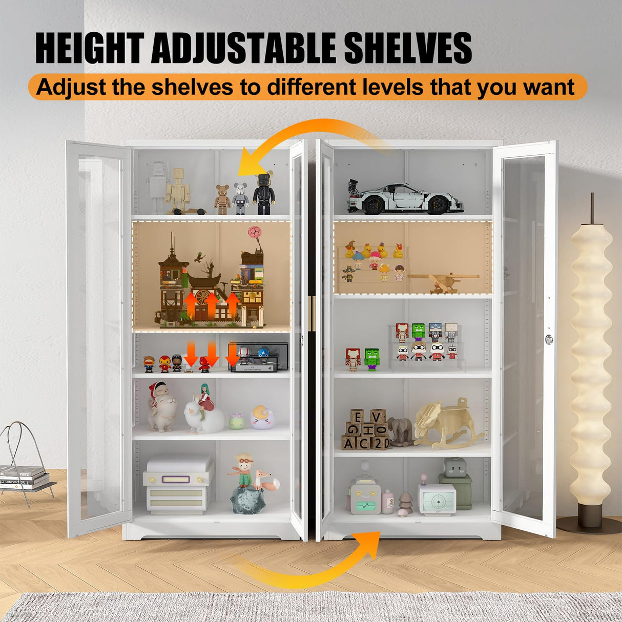 71" Glass Display Cabinet, Metal Storage Cabinet with Glass Doors, Curio Display Cabinet with 4 Adjustable Shelves, White Locking Cabinet for Living Room, Kitchen, Hallway, Office - Assembly Required MetalMax