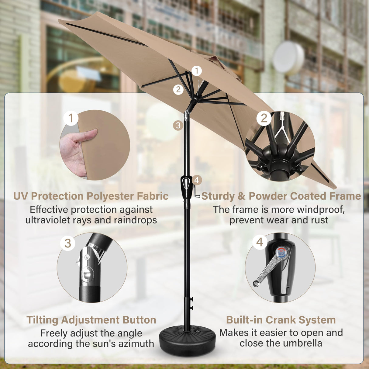 Simple Deluxe 7.5ft Patio Umbrella Outdoor Table Market Yard Umbrella with Push Button Tilt/Crank, 6 Sturdy Ribs for Garden, Deck, Backyard, Pool, Tan Simple Deluxe