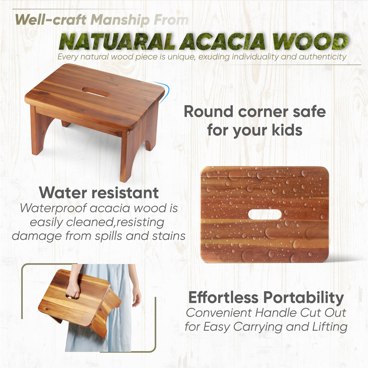 Wooden Step Stool, 9'' One Step Stool for Adults, Wooden Beside Step Stool with 550 Lbs Load Capacity, Heavy Duty/Portable/Nonslip/Durable Construction Safe Step Stool for Bedroom/Kitchen FANATU