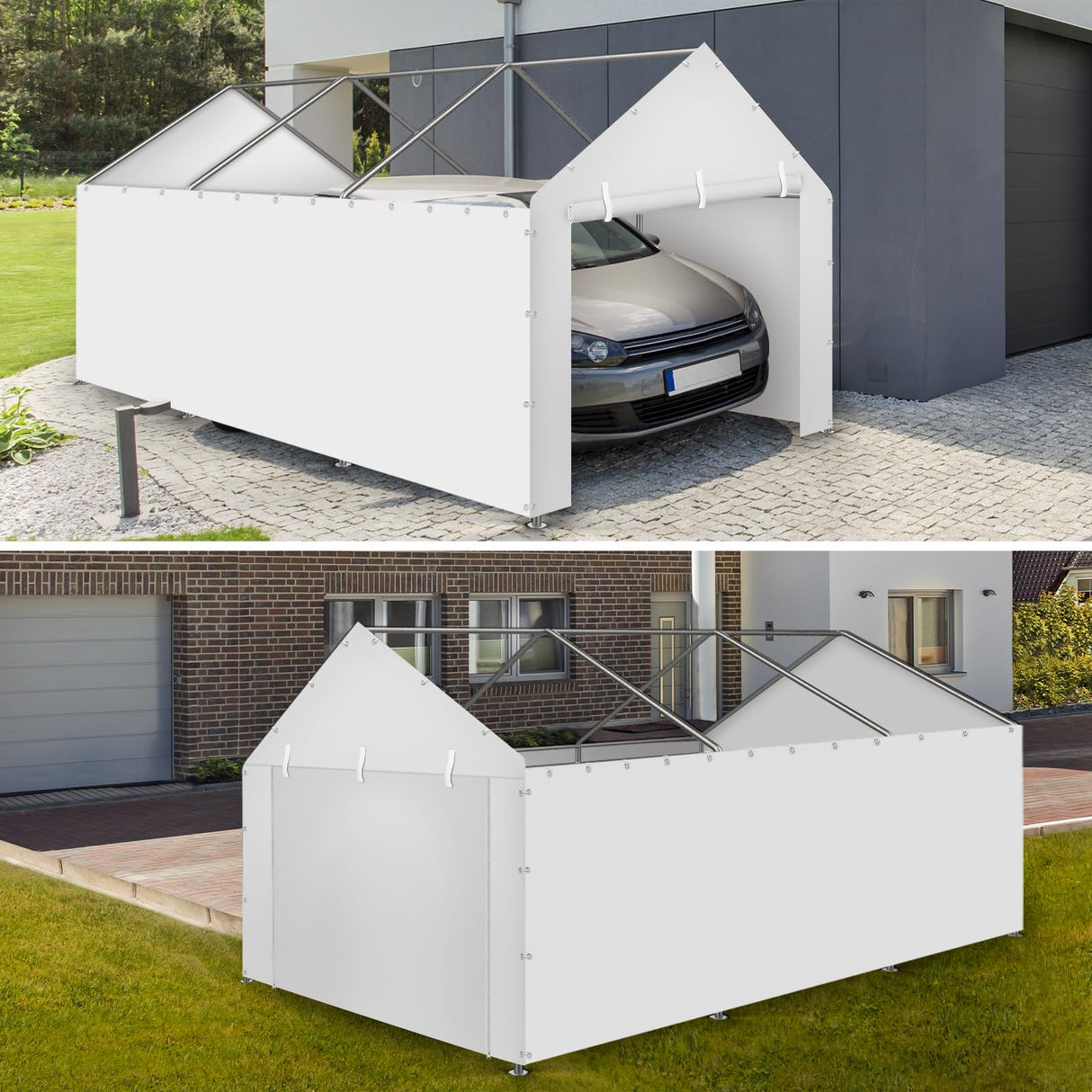 Carport Replacement Canopy Cover Sidewalls for 10x20FT Frame, Heavy Duty Garage Car Tent Shelter Tarp with Ball Bungees, Waterproof & UV Protected (White, Frame is not Included) Yustuf