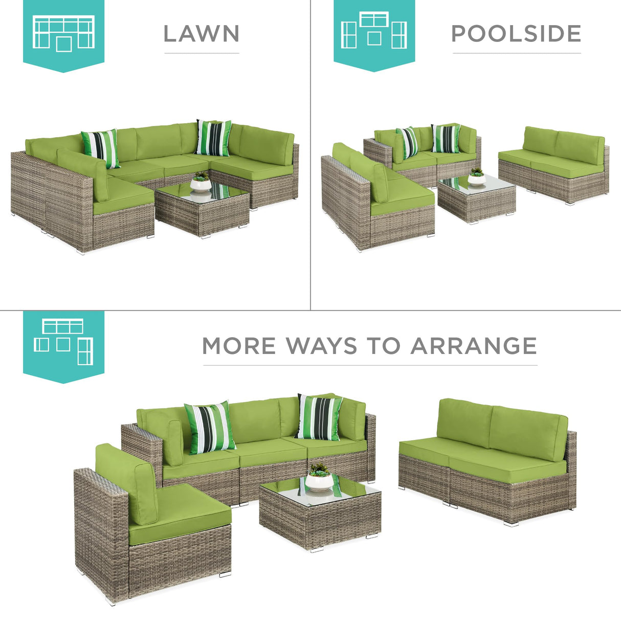 Best Choice Products 7-Piece Modular Outdoor Sectional Wicker Patio Conversation Set w/ 2 Pillows, Coffee Table, Cover Included - Taupe/Pistachio Best Choice Products