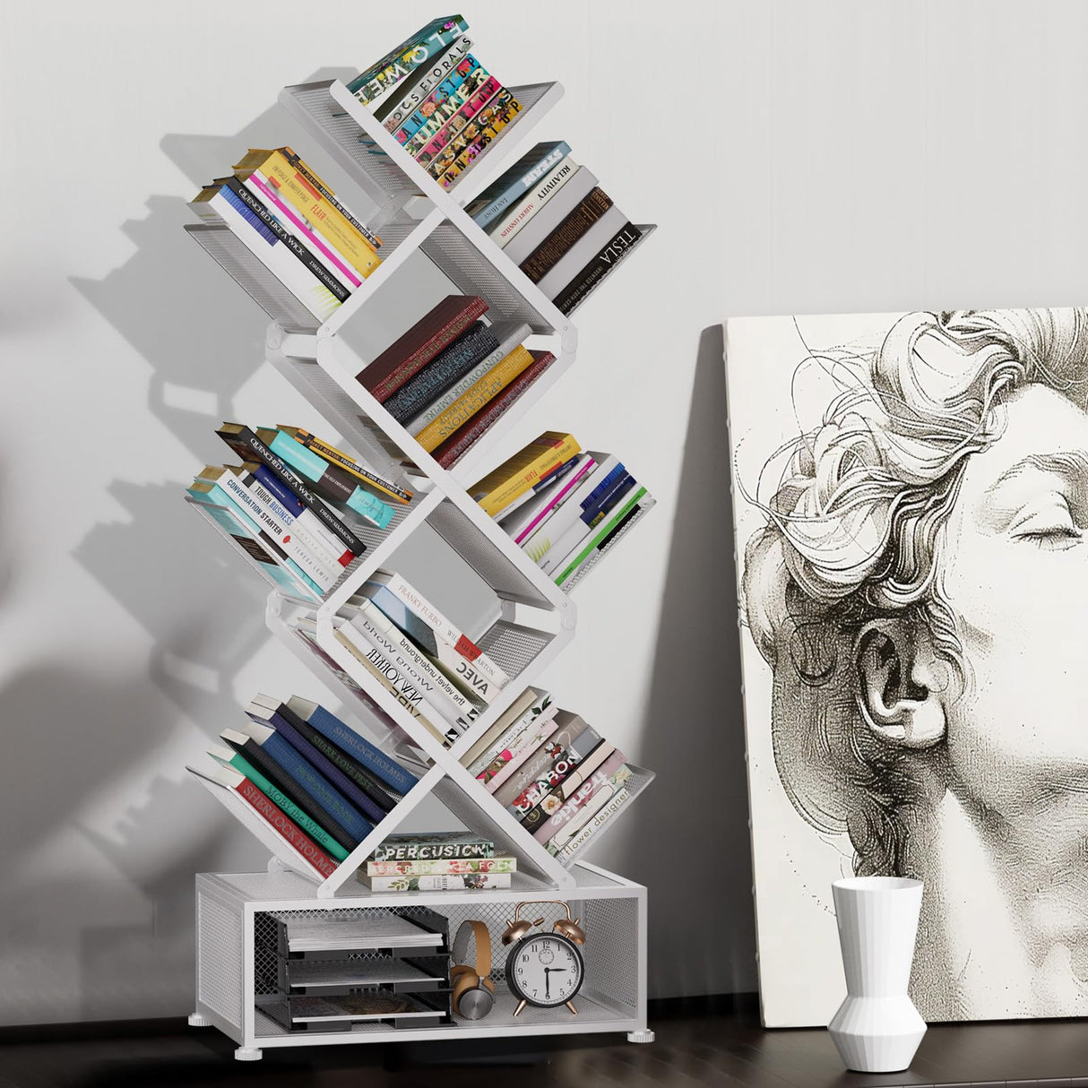 Gintan 9-Tier Corner Bookshelf with Storage,Bedroom Shelves Folding Bookshelves,No Installation Required Shelf Tree Bookcase for Living Room,Study,Home Office,Bed Room (White) Gintan