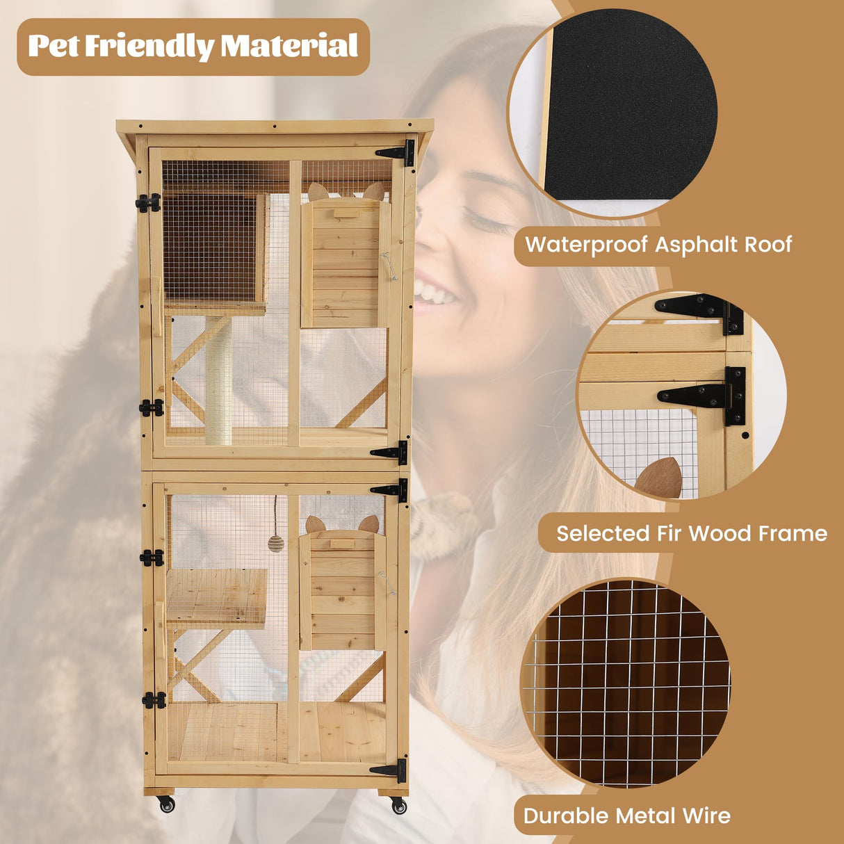MAGIC UNION 71" Catio Outdoor Cat Enclosure Window Access, 4 Tiers Cats Playpen with Wheels, Resting Box & Waterproof Roof, Indoor Large Cat House Cage with Scratching Post Sisal Ball (Original Wood) MAGIC UNION