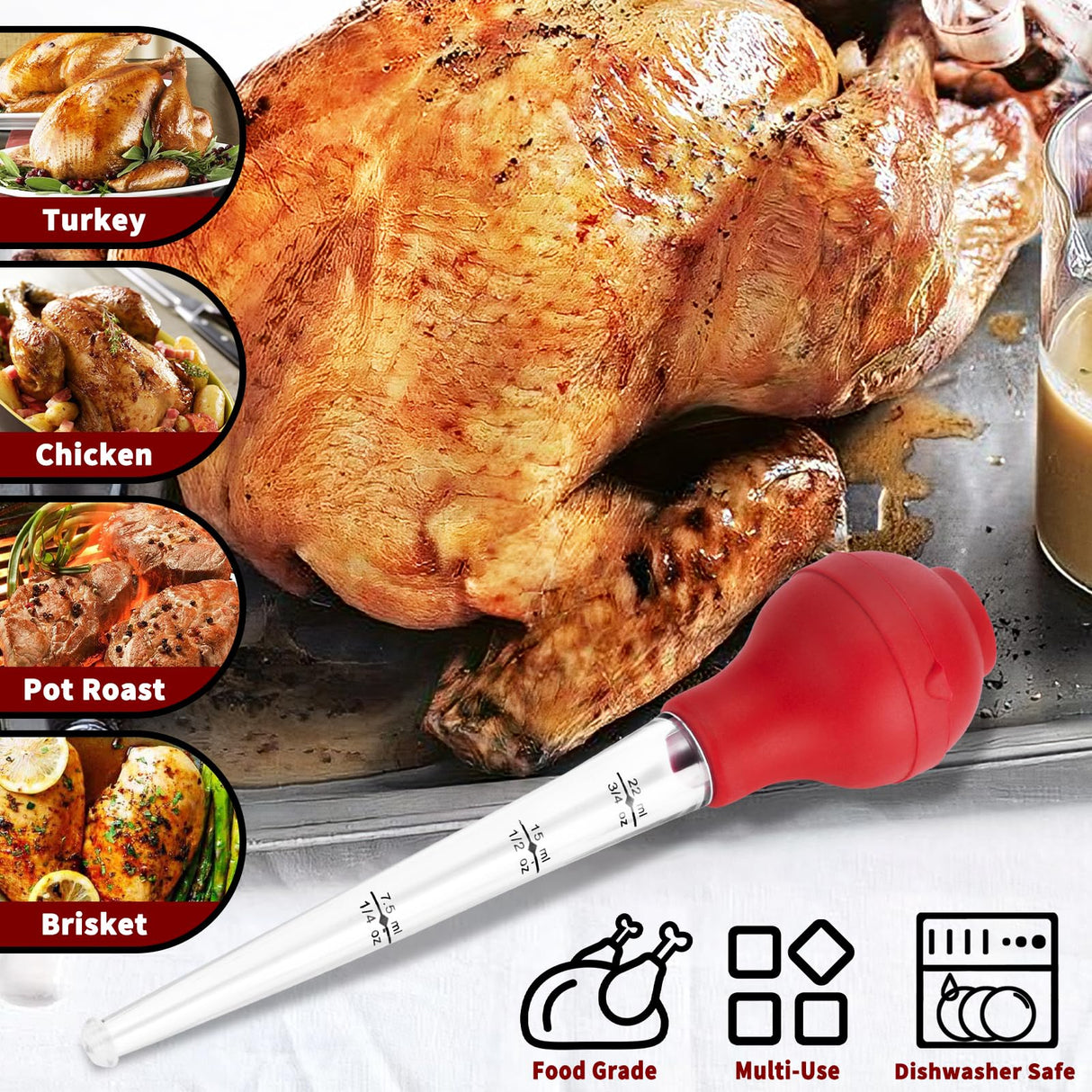 QPMR Turkey Baster, Premium Baster Tool for Cooking-Baster Syringe for Home Baking and Roaster Turkey, Include Detachable Silicone Bulb, 2 Meat Marinade Injector Needles for Thanksgiving QPMR