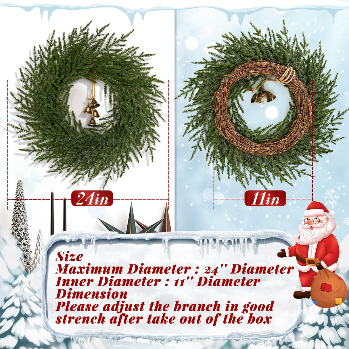 Dolicer Christmas Wreath - 24" Real Touch Norfolk Pine Wreath, Christmas Wreaths for Front Door Artificial Pine Green Wreath with Bell for Wall Windows Mantle Outdoor Outside Christmas Decoration Dolicer