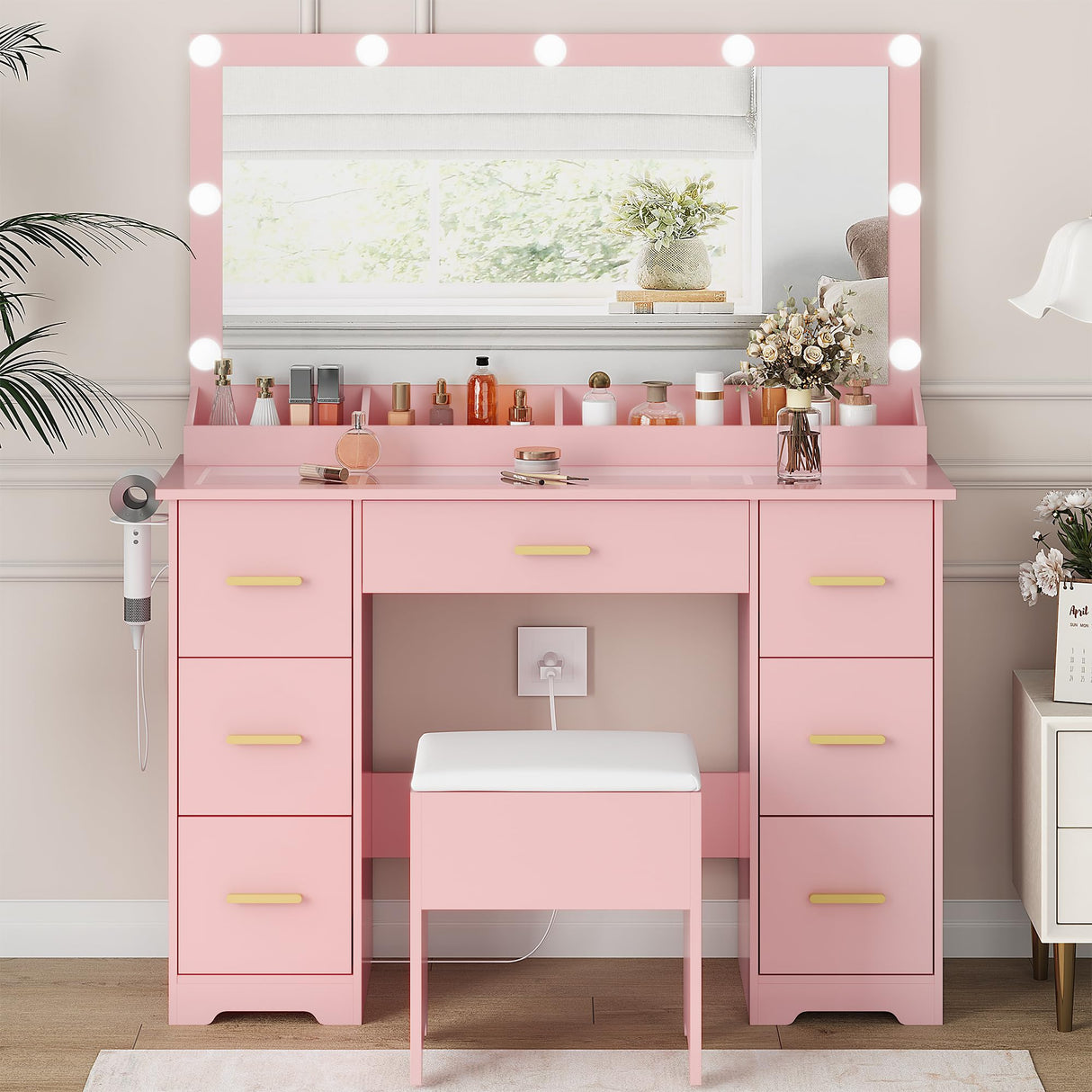 Makeup Vanity Desk with RGB LED Lights,Glass Top Vanity Desk with Mirror and Lights & Charging Station, 5 Drawers Vanity Mirror with Lights Desk and Chair for Women 3 Lightings Mode Adjusted, Pink HUANLEGO