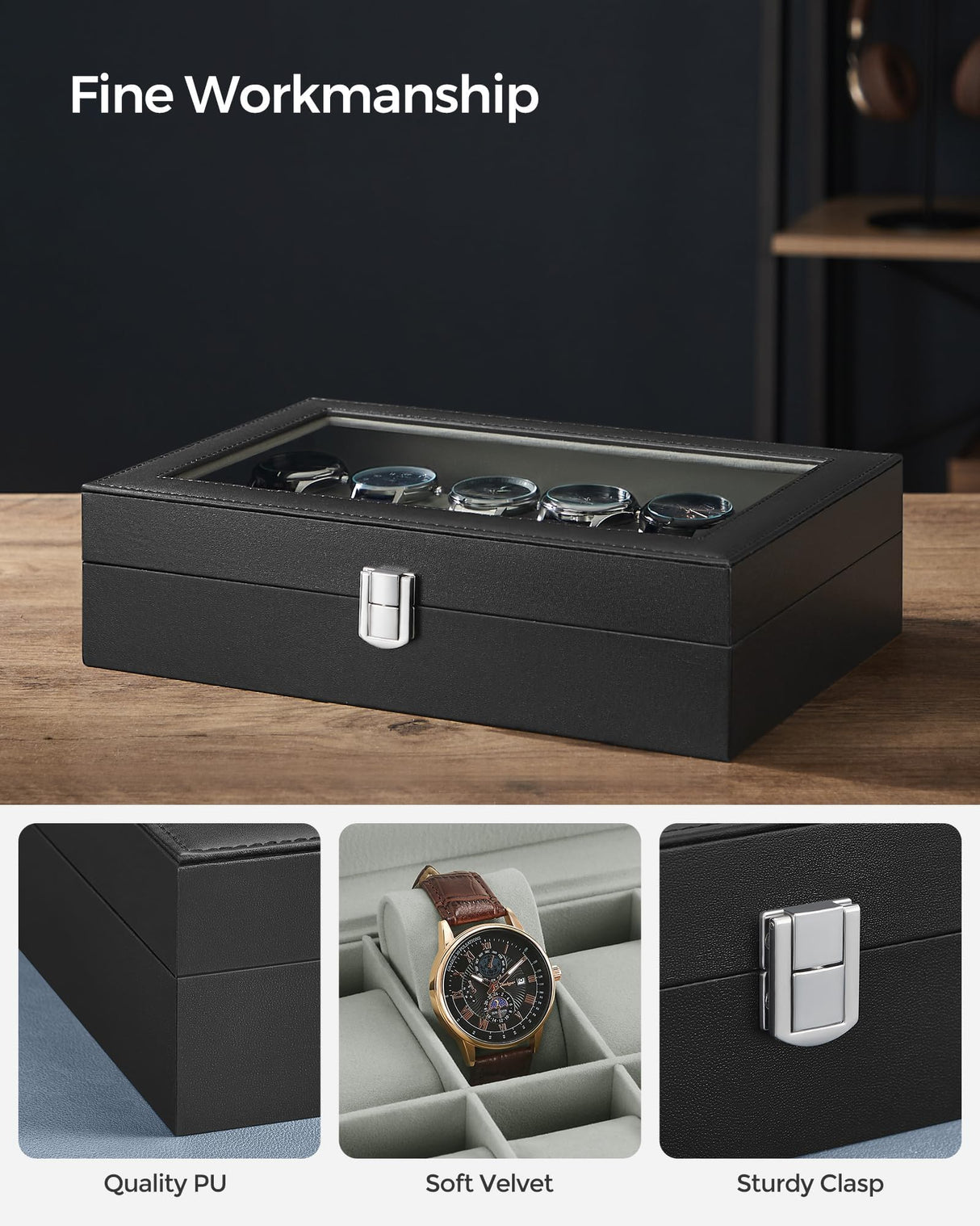 SONGMICS Watch Box, 12-Slot Watch Case with Large Glass Lid, Removable Watch Pillows, Watch Box Organizer, Gift for Loved Ones, Black Synthetic Leather, Gray Lining UJWB12BK SONGMICS