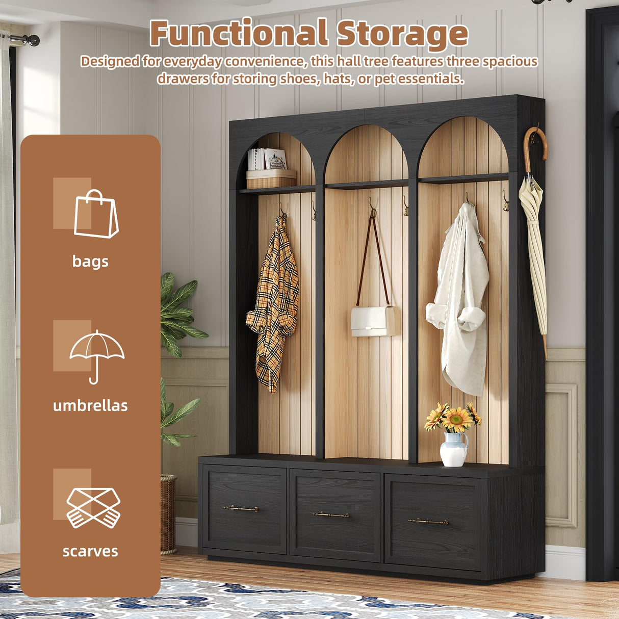 LUMISOL Farmhouse Entryway Hall Tree with Arched Design, 59" Entryway Bench with 3 Drawers, Entryway Coat Rack with 8 Retro Hooks, Rustic Hall Cabinet for Living Room Mudroom, Black LUMISOL