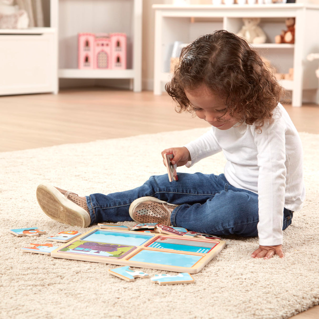 Melissa & Doug Natural Play Wooden Puzzle: Ready, Set, Go (Four 4-Piece Vehicle Puzzles) Melissa & Doug