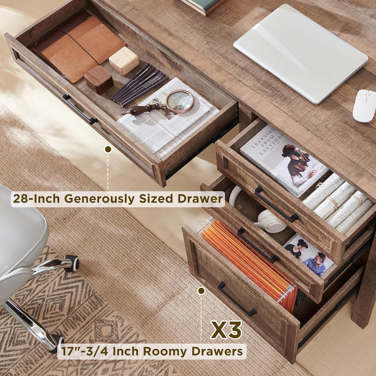 JXQTLINGMU 53INCH Home Office Desk, Modern Farmhouse Computer Desk with File Cabinet Letter T4 F4 Legal, Study Writing Desk, Warm Brown JXQTLINGMU