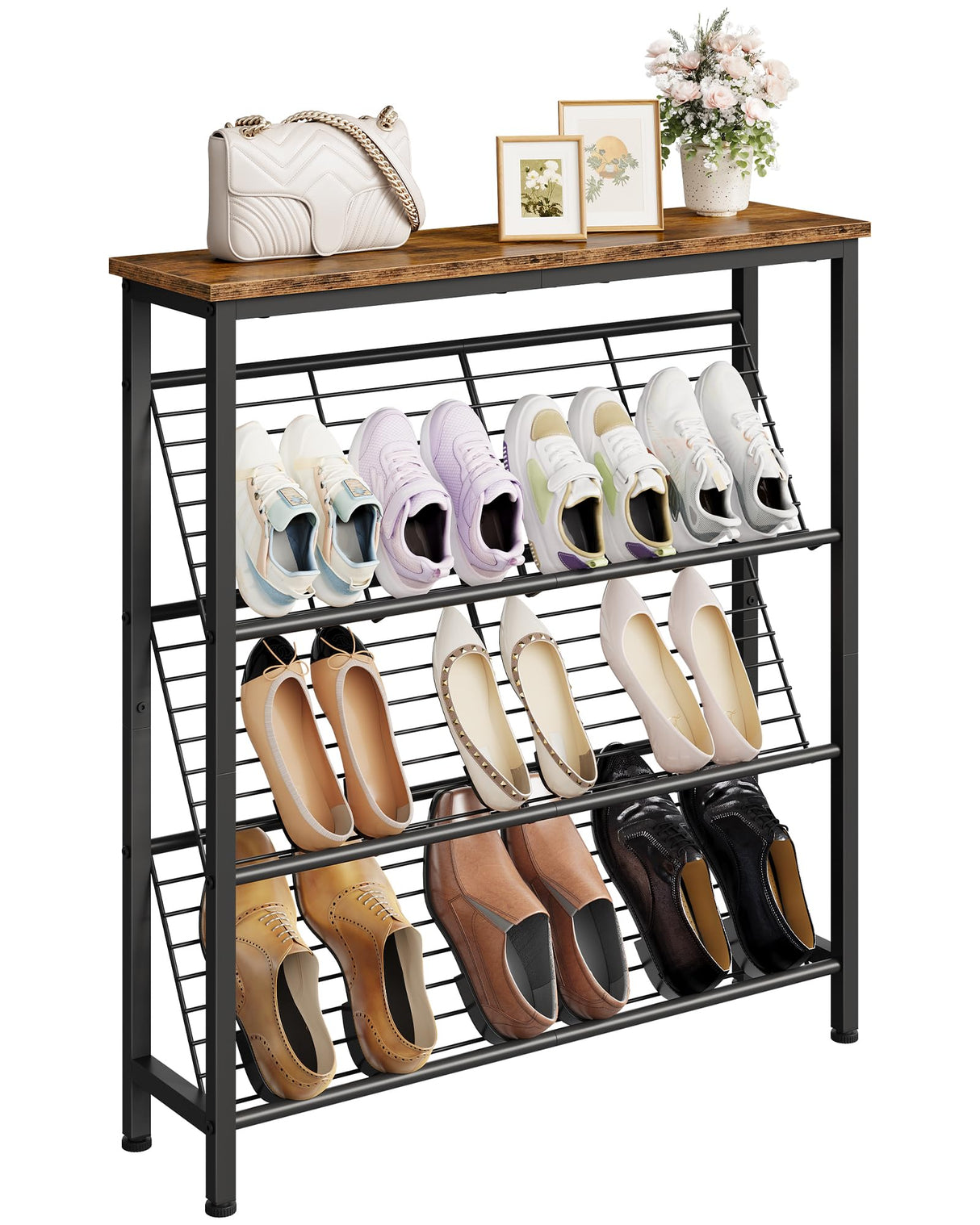 CHOEZON Shoe Rack, 4-Tier Narrow Shoe Storage Shelf, Slim Shoe Rack with Wooden Top and Metal Shelves, Slanted Shoe Organizer, Industrial Style, for Entryway, Hallway, Rustic Brown and Black TXJ76BF CHOEZON