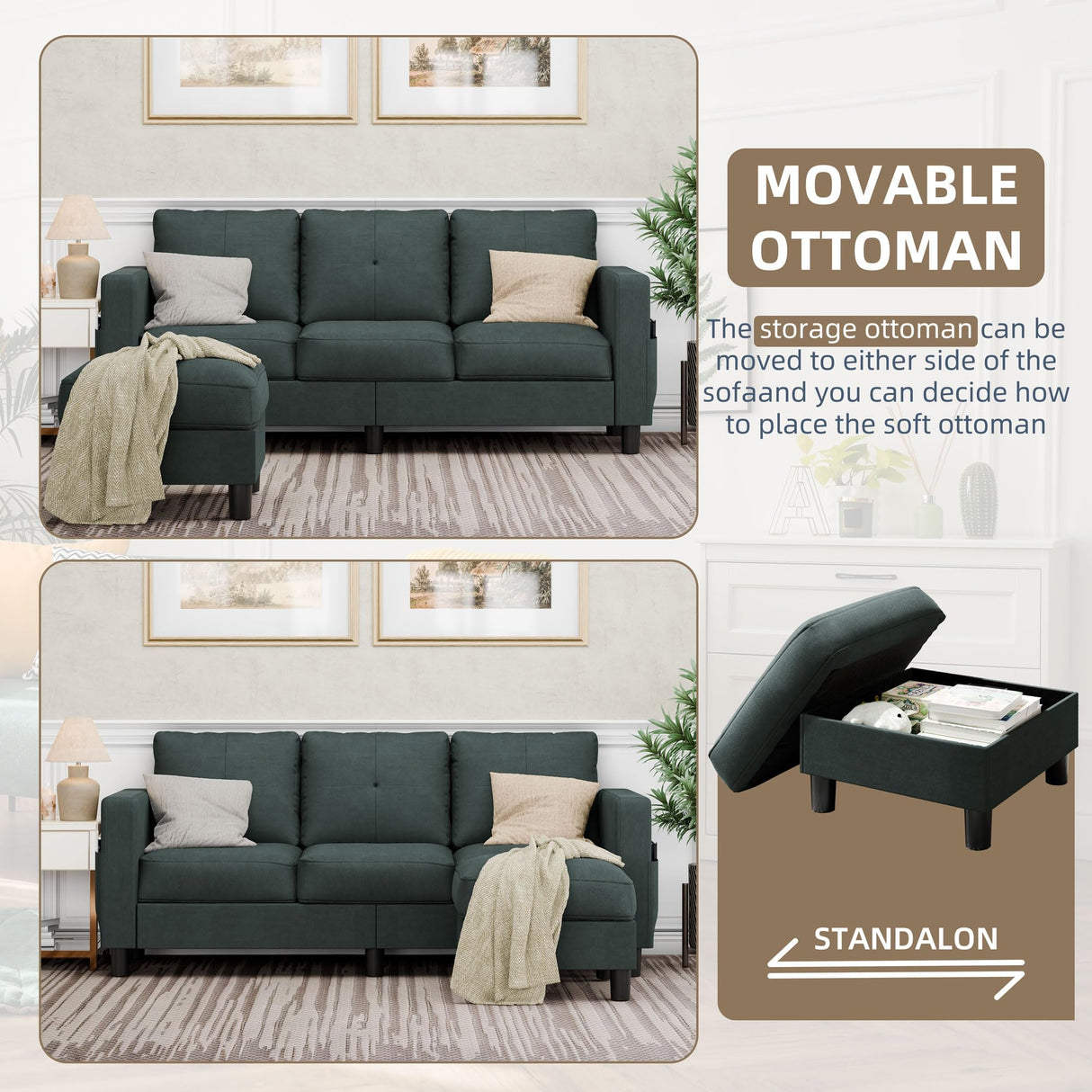 JAMFLY Convertible Sectional Couches for Living Room, L-Shaped Couch 3 Seat Sectional Sofa Set with Polyester Fabric and Movable Ottoman Small Couch for Apartments, Office, Dark Grey JAMFLY