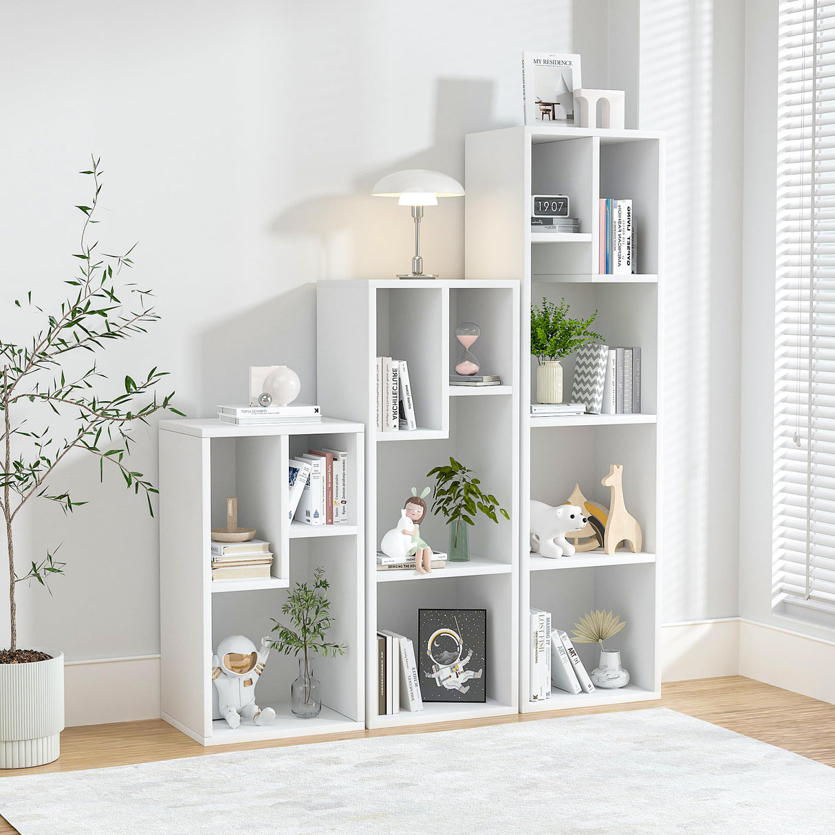 VECELO 4-Tier Bookcase, Modern Storage Cabinet with Height Difference Shelves for Standard Textbooks, 5 Cubes, Vertical or Horizontal, Easy Assembly, Pearl White VECELO