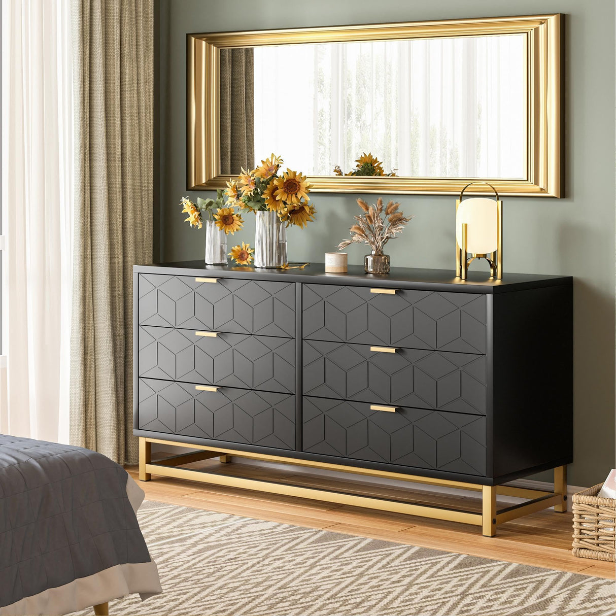 IDEALHOUSE Black 6 Drawer Dresser with Wide Storage, Wood Dresser Chest Organizer with Metal Legs, Modern Dressers & chests of Drawers for Bedroom, Living Room, Hallway IDEALHOUSE