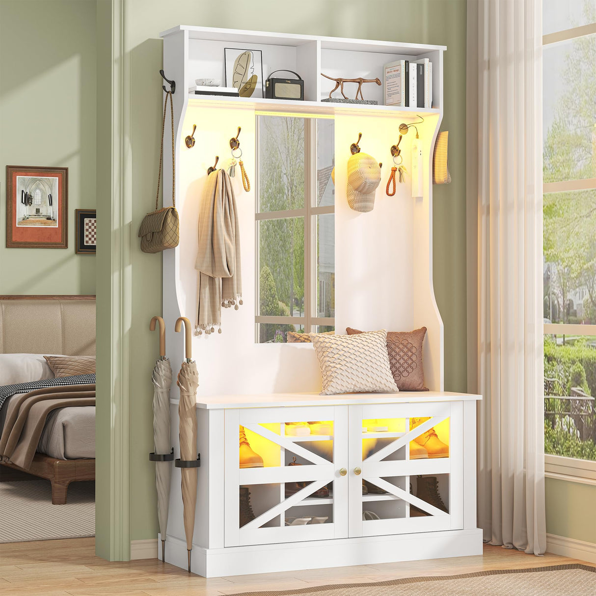 Semoic Farmhouse Hall Tree with Bench and Shoe Storage, 7-in-1 Entryway Storage Bench with 8 Coat Racks, Shoe Rack with 7 Shoe Cubbies & Mirror & LED Light, Mudroom/Hallway Storages, White Semoic