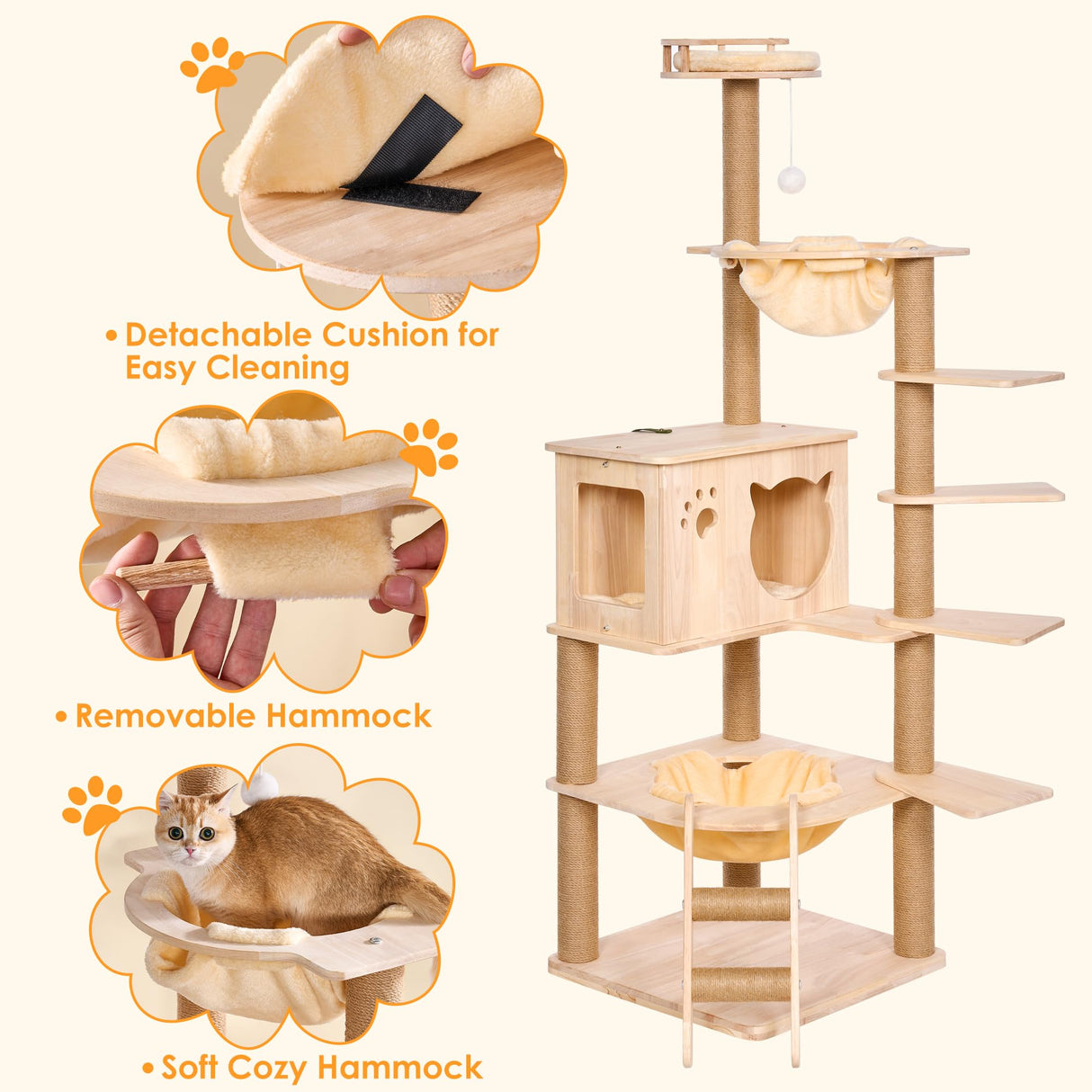 BEWISHOME Wood Cat Tree for Indoor Cats Large Adult, Cat Tower with 2 Hammocks,Sisal Scratching Post,Multi-Level,Washable Removable Cushions and Dangling Ballor Fun Play Cat Condo (Beige 62.2") MMJ61Y BEWISHOME