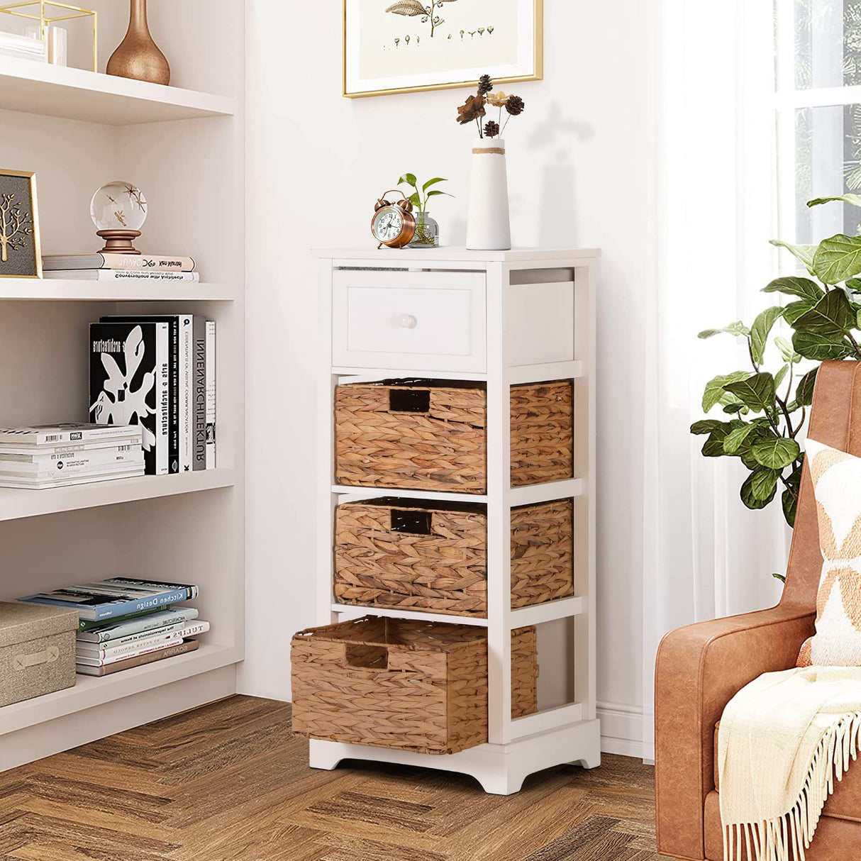 PHI VILLA Storage Cabinet with Baskets, Farmhouse Accent Cabinet Narrow Cabinet with Shelves for Bathroom Entryway Rattan Cabinet with Drawer End Table/Beside Table White PHI VILLA