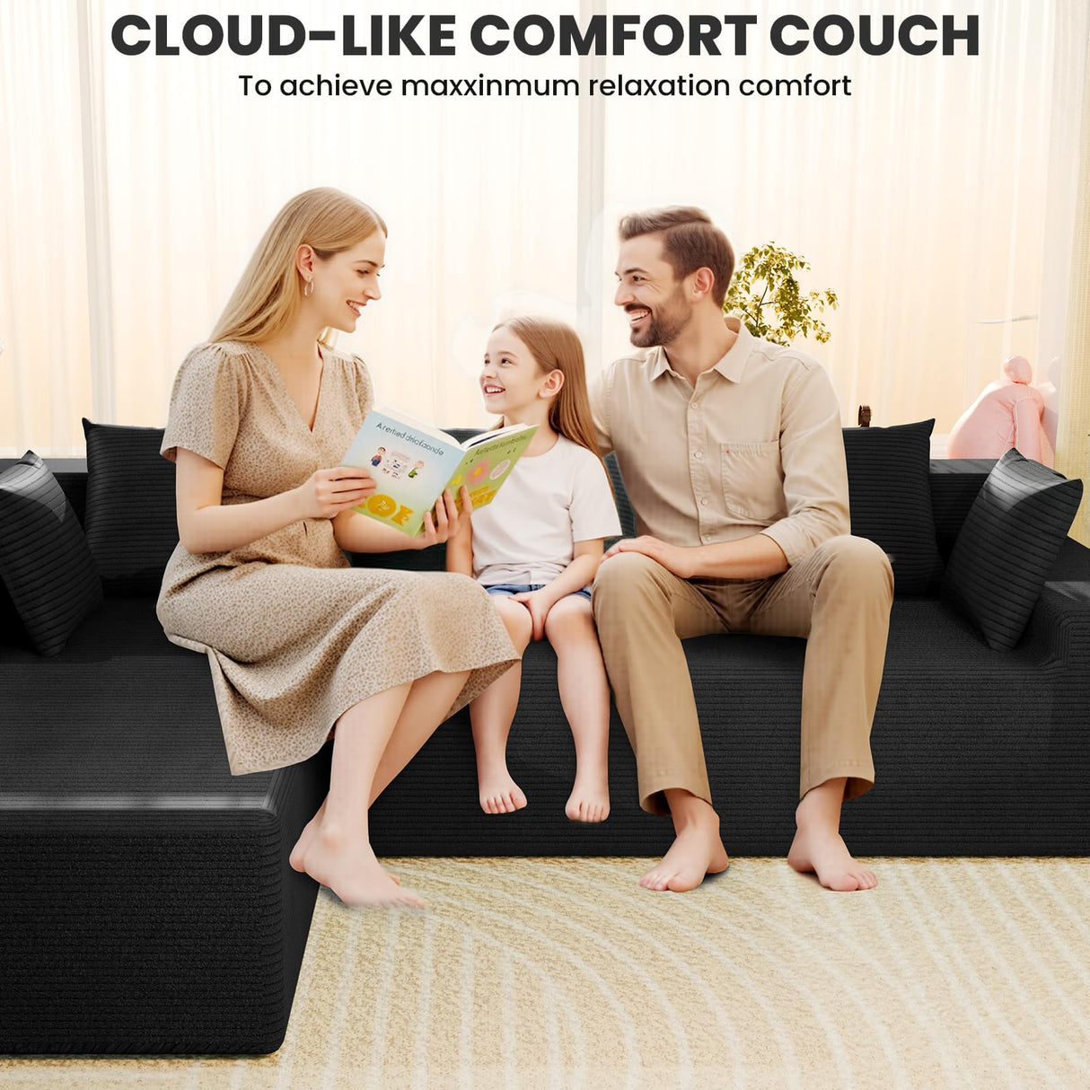 LEVELEVE 106" Cloud Sectional Couch with Deep Seat,Modern Modular Sofa with L-Shape Chaise,No Assembly Required, Upholstered Couches for Living Room Bedroom(Black,Left Facing Chaise) LEVELEVE