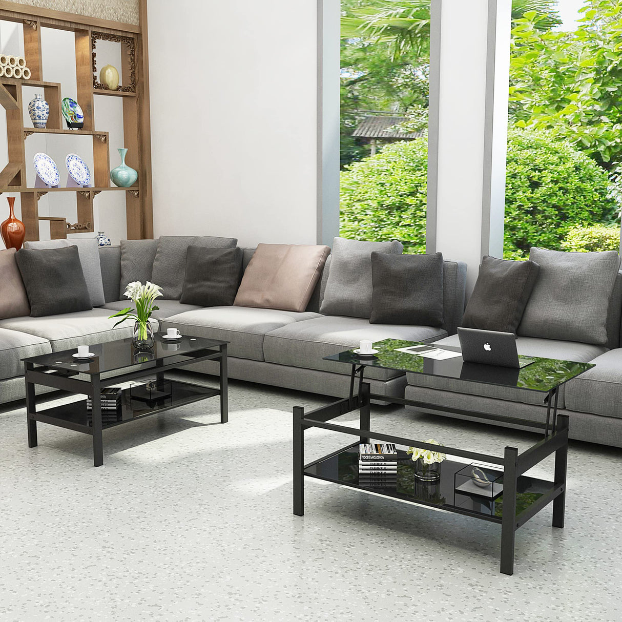 Meihua Lift Top Glass Coffee Table with Storage Compartment and Separated Open Shelves, Lift Tabletop for Living Room Home, Office, Black Meihua